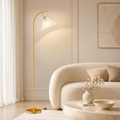 Gold Floor Lamp with Remote, Dimmable Glass Arc Standing Lamp, Ribbed Frosted Glass Shade, 3 Color Temperatures, Foot Switch, 9W LED Bulb for Living Room Bedroom Office - color: Gold