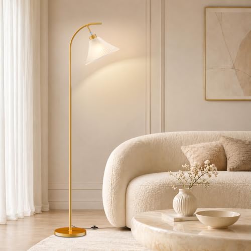 Gold Floor Lamp with Remote, Dimmable Glass Arc Standing Lamp, Ribbed Frosted Glass Shade, 3 Color Temperatures, Foot Switch, 9W LED Bulb for Living Room Bedroom Office - color: Gold