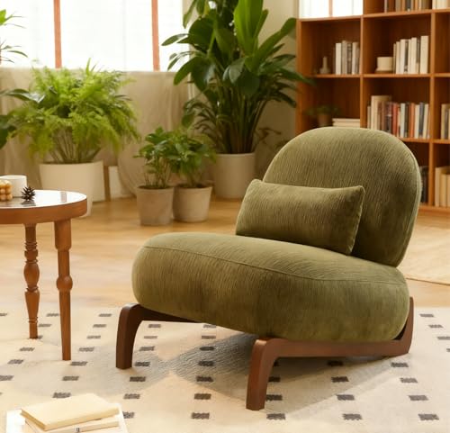 Modern Velvet Armless Accent Chair with Solid Wood Legs, Upholstered Single Lounge Chair, Comfy Reading Chair for Living Room, Bedroom & Reading Nook (Green + Fabric, 1 Pack, Solid Wood) - color: Green + Fabric, size: 1 Pack