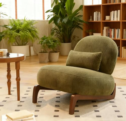 KEIKI Cute Comfy Accent Chair with Solid Wood Legs, Velvet Upholstered Single Sofa Chair for Living Room, Bedroom, Balcony or Waiting Room, Cozy Armless Cloud Chair Design, Green - color: Green