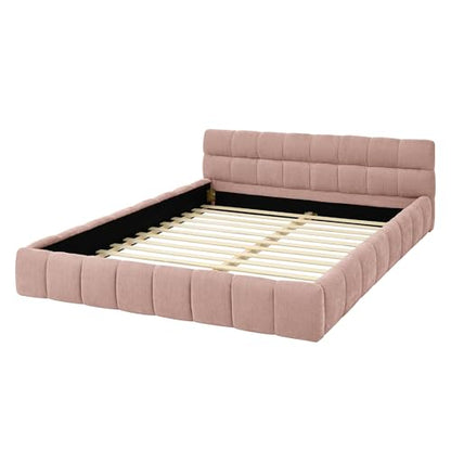 Chenille Fabric Upholstered Platform Bed Frame with Soft Headboard, Modern Low Profile Grounded Design, No Box Spring Needed, Sturdy MDF & Wood Frame, Neutral Style (Pink, Queen (U.S. Standard)) - color: Pink, size: Queen (U.S. Standard)