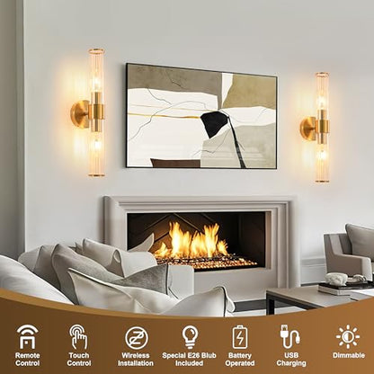 Morauroral Brushed Gold Battery Operated Wall Sconce, Dimmable Rechargeable Wall Light with Remote, Touch Control, Modern LED Wireless Sconce for Living Room, Bedroom, 20 Inch - color: Brushed Gold（1 Pack）