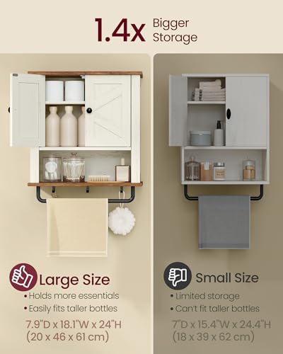 VASAGLE LIRY Collection - Bathroom Wall Cabinet, Farmhouse Wall-Mounted Medicine Storage Cabinet with 2 Barn Doors, Adjustable Shelf, Towel Bar, 7.9 x 18.1 x 24 Inches, Rustic White UBBK132W01S - color: Rustic White, style: 2Doors（24"H）