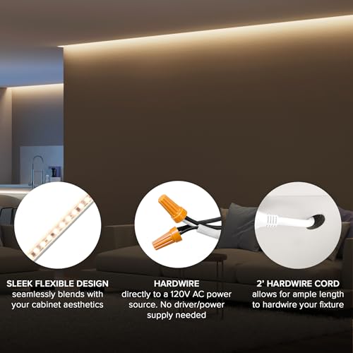 Maxxima 96 in. Hardwired LED Under Cabinet Strip Light, 3680 Lumens, 3000K | Warm White, Kitchen and Living Room 120V White Cove Lighting, No Power Supply Needed - size: 96 Inch