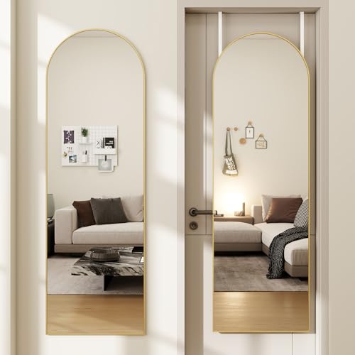 48"x 14" Arched Full Length Door Mirror, Full Body Mirror, Gold | Aluminum Alloy Thin Frame Over the door Mirror, Leaning/Hanging/Wall-Mounted, Suitable for Bedroom, Livingroom, Cloakroom - color: Gold-arched, size: 48"L x 14"W