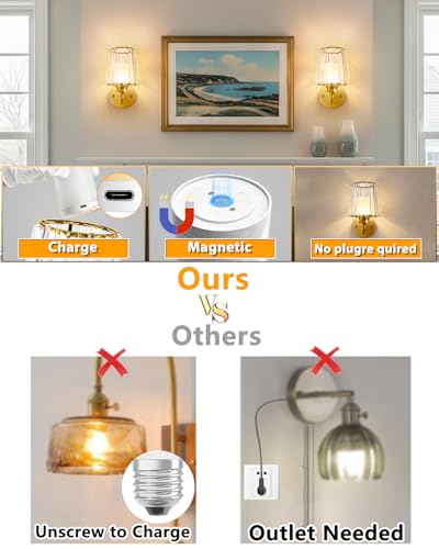 Adetu 10.4 Inch Crystal Wall Sconces Set of 2, Battery Operated Wall Sconce | 10000mAh Magnetic Bulbs and Remote, 5%-100% Dimmable, RGB Rechargeable Wall Lights for Bedroom Living Room Hallway Deco - color: Gold, size: 10.4 Inch