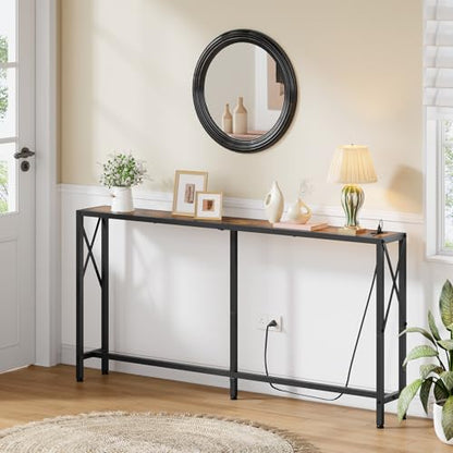 Gewudraw Narrow Console Table - 55.1" Sofa Table Behind Couch with Socket | Industrial Style, Long Skinny Design,Couch Table For Hallway,Living Room,Bedroom, Built-In Outlets & USB, 140cm Length, Brown - color: Rustic Brown, size: 55.1 in