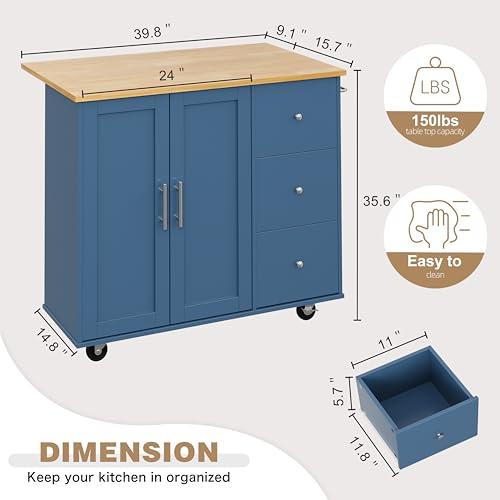 Shintenchi Kitchen Island with Folding Drop Leaf, Rolling Island Table with Storage, Kitchen Cabinet on Wheels with Seating Area for Kitchen, Bar Cart with Cabinet, Blue - color: Blue