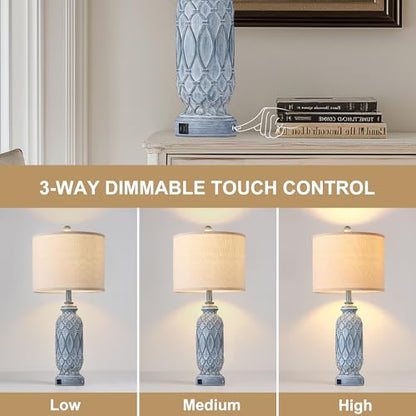 Farmhouse Lamps for Bedroom Set of 2, 28" Rustic Lamps for Living Room with USB Ports, 3-Way Dimmable Nightstand Table Lamp (Bulbs Included) - color: 3.Blue