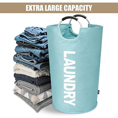 DOKEHOM 90L Large Laundry Basket Bag, Collapsible Tall Hamper, Light Blue | Freestanding tall washing bin & foldable laundry bag. High-capacity clothes storage basket with durable sturdy handles - color: Light Blue, size: 90L