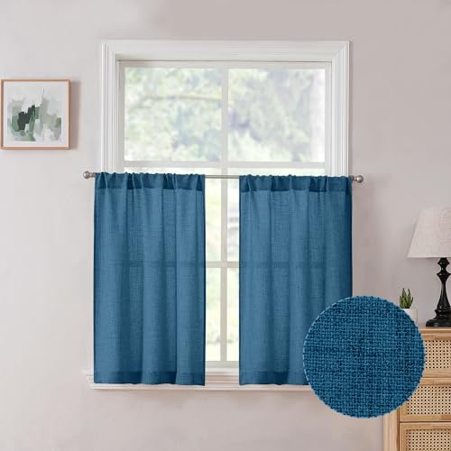 Tollpiz Short Linen Tier Curtains Rod Pocket Semi Sheer Half Kitchen Curtain Burlap Light Filtering Thick Linen Drapes for Bathroom, 30 x 24 inches Long, Classic Blue, Set of 2 Panels - color: Classic Blue, size: 30"W x 24"L (Pack of 2)