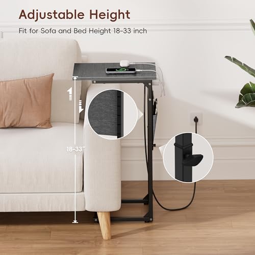 C Shaped End Table with Charging Station, C Table End Table Adjustable Height, Small Side Table for Couch, Sofa Table Slide Under Couch TV Tray Arm Table for Living Room, Bedroom, Gray Walnut - color: Gray Walnut, style: With Plug