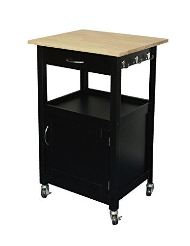 Kitchen Island Cart on Wheels, Black Base, Natural Hardwood Top | Drawer, Storage Cabinet, Shelf - color: Black