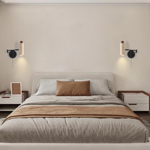 Modern Travertine Stone Wall Sconce, Adjustable Swing Arm Wall Lamp, Black Metal Base Pull Chain Switch Bedside Reading Spotlight for Bedroom Study Room Bedside - color: Walnut