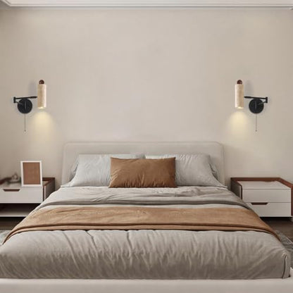 Modern Travertine Stone Wall Sconce, Adjustable Swing Arm Wall Lamp, Black Metal Base Pull Chain Switch Bedside Reading Spotlight for Bedroom Study Room Bedside - color: Walnut