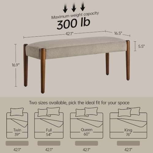 Usaint 42" End of Bed Bench with Wood Legs, Brown with Walnut Leg | Modern Upholstered Bedroom Bench with Rubberwood Legs, Entryway Bench with Cushion, Dining Bench for Living Room, Bedroom - color: Brown With Walnut Leg