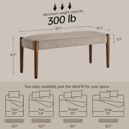 Usaint 42" End of Bed Bench with Wood Legs, Brown with Walnut Leg | Modern Upholstered Bedroom Bench with Rubberwood Legs, Entryway Bench with Cushion, Dining Bench for Living Room, Bedroom - color: Brown With Walnut Leg