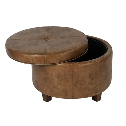 HomePop 24" Large Leatherette Storage Ottoman - Distressed Brown Faux Leather - color: Distressed Brown Faux Leather