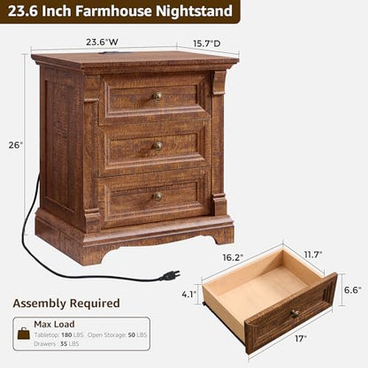 Farmhouse Nightstand Set of 2, 23.6"W Wood End Table With Charging Station | 26" Tall Side Table w/Roman Column, End Tables Living Room Set of 2, Bedside Cabinet for Bedroom, Reclaimed Barnwood - color: Reclaimed Barnwood, size: 23.6"W x 15.7"D x 26"H