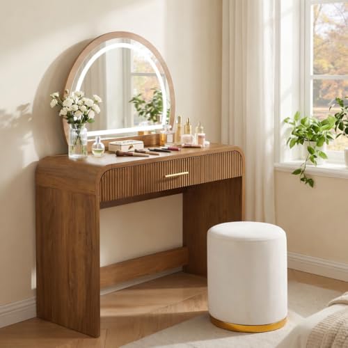 Makeup Vanity Desk with LED Touch Screen Lighted Mirror, Wooden Vanity Table with Drawer, Curved Edge Dressing Table with Removable Mirror for Bedroom (Espresso) - color: Espresso
