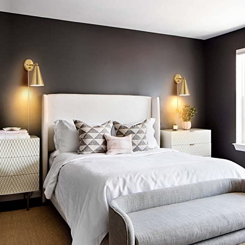 MWZ Gold Wall Sconces Set of Two Plug in,Brass Modern Dimmable Sconces Adjustable Angle Lights with Metal Shade and Dimmer On/Off Rotary Switch, Wall Mounted Light for Bedroom Bedside Stairway - color: Gold-Plug in