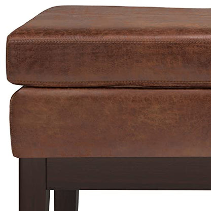 SIMPLIHOME Carlson 27" Wide Woven Fabric Rectangle Ottoman in Saddle Brown | Distressed saddle brown, mid-century modern ottoman with a padded seat for bedroom or living room; footstool or bench. - color: Distressed Saddle Brown, style: Small Ottoman Benc