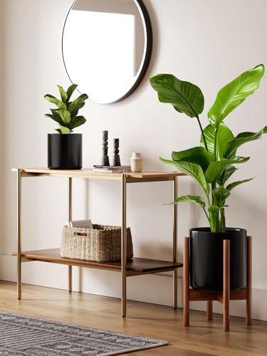 LE TAUCI 12 Inch Planter with Acacia Wood Stand, Large Ceramic Indoor Plant Pot with Drainage Hole & Plug, Mid Century Modern Plant Holder for Fiddle Leaf Fig, Monstera, Snake Plant, Black - color: Black, size: 12 Inch