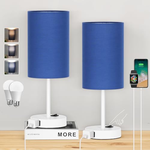 ZJOJO Blue Table Lamp Set of 2, 14.5" Small Lamp for Bedroom Nightstand | E26 Bulbs,AC Outlet,3 Dimmable,Rocker Switch,Nightstand Desk Lamp with White Base for Living Room,Guest Room Home Decor Light - color: Blue Fabric Shade White Base, size: 14.5inch
