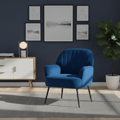 GDFStudio 25" Velvet Accent Chair with Arms and Back, Modern Shell-Shaped Upholstered Barrel Chairs, Small Comfy Reading Chair Lounge Chairs with Solid Legs for Living Room Bedroom Office Cafe, Blue - color: Blue
