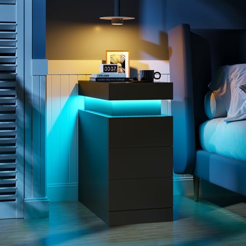 Narrow Nightstand Charging Station, End Table with Sliding Top, 3 Drawers Bedside Tables for Living Room Bedroom, Night Stand for Small Space (Black)
