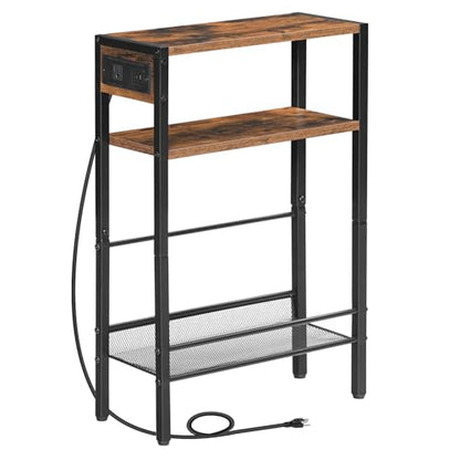 HOOBRO Small Narrow Side Table with Charging Station, Skinny End Table for Small Spaces, Slim Nightstand with USB Ports Outlet, Sofa Beside Table with Storage Shelf, Rustic Brown and Black BF102UBZ01 - color: Rustic Brown + Black