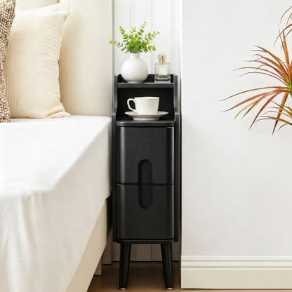 FurSch Narrow Nightstand Set of 2, Wooden Small 2 Drawer, Black | Slim Side End Table, Skinny Bedside Table, Mid Century Modern, 3-1 pc - color: Black 3-1 Pc