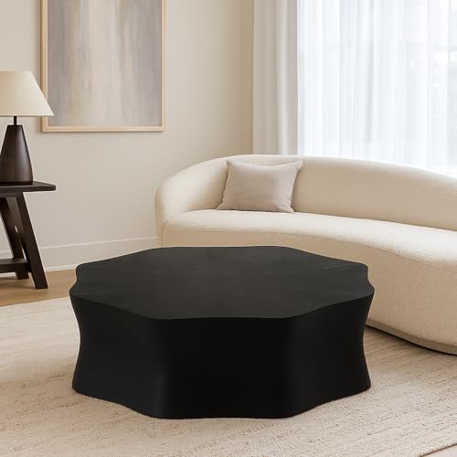 Round Black Marble Coffee Table, Modern Drum Design, Circle FiberglassCoffee Table, End Table for Living Room, Apartment, No Assembly Required (35''Black Flower) - color: 35''black Flower