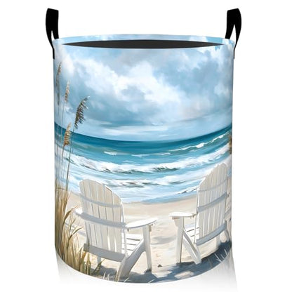 Coastal Laundry Basket, Oxford Cloth Nature Peaceful Dirty Clothes Collapsible Hamper for Room Decor, Ocean Beach and Chair Print Gifts Toy Organizer 19.7 * 15.7 Inch for Bedroom Bathroom Dorm - style: Coastal