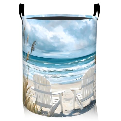 Coastal Laundry Basket, Oxford Cloth Nature Peaceful Dirty Clothes Collapsible Hamper for Room Decor, Ocean Beach and Chair Print Gifts Toy Organizer 19.7 * 15.7 Inch for Bedroom Bathroom Dorm - style: Coastal