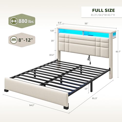 EnHomee Full Upholstered Bed Frame with Charge Station & LED Lights, Beige | 2-Tier Shelves Headboard, 12" Under-Bed Storage Space, Noise-Free, No Box Spring Needed, Easy Assembly - color: Beige, size: Full