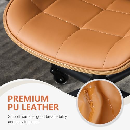 Home Office Desk Chair with Rubber Wheels, Armless Bentwood, Brown | Adjustable Height Armless Office Chair, PU Leather Mid Back 360°Small Computer Chair, No Arms Walnut Seating, 300LBS Support - color: Brown, size: Standard Style