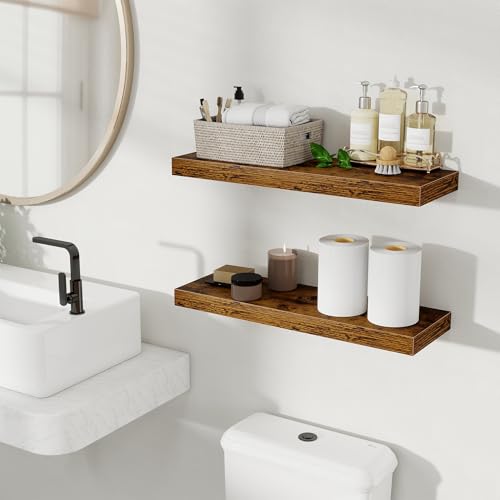 Fun Memories Floating Shelves for Wall, 24 Inch Set of 2 Rustic Wood Wall Shelves with Invisible Brackets, Heavy Duty Storage Display for Living Room Bedroom Kitchen, Brown - color: Rustic Brown, size: 6.5"D x 24"L - 2Pack