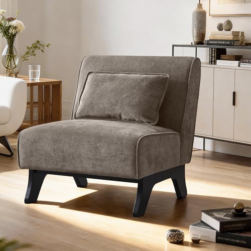 Armless Accent Chair Comfy Upholstered Modern Living Room Side Chair | Comfy Small Accent Lounge Chair with Pillow & Wooden Legs Accent Chair for Living Room Bedroom Farmhouse Reading Dark Brown - color: Deep Brown