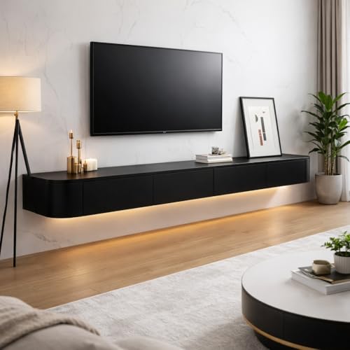 Modern Floating TV Stand Wall Mounted Entertainment Center for Living Room Cabinet with Storage Drawers Solid Wood Media Console Shelf for Bedroom Apartment(Matte Black LED,110.2in) - color: Matte Black Led, size: 110.2in