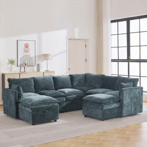105" Blue Modular Storage Sofa, U Shaped Chenille Couch with 2 Ottomans | Oversized Convertible Sectional Sofa, 6-Seat Sectional Couch With 2 Ottomans, Large Cloud Couch For Living Room, Apartment. - color: Blue, size: 105"U-Shape Sofa+2ot