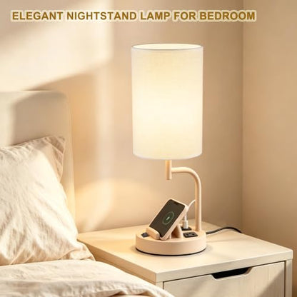 Dreamholder 2 Pack Table Lamp, Bedside Lamp with 3 USB Charging Ports & AC Outlet, USB Desk Lamp with 2 Phone Holders, Linen Fabric Shade Nightstand Lamps for Bedroom Living Room Office, Beige - color: Beige