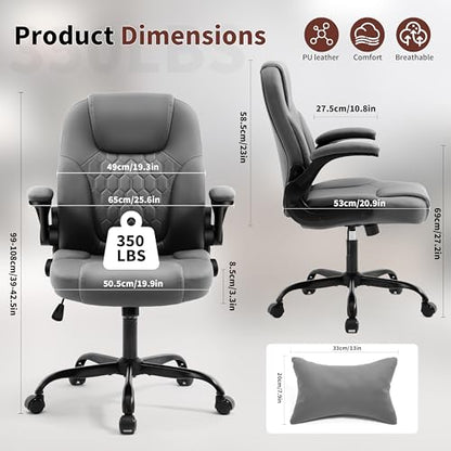 PU Leather Office Chair Swivel Lumbar Support for Short People Grey | Executive Office Chair PU,Leather Office Chair with Wheels,360° Swivel Rolling Chair with Padded Arm,Ergonomic Computer Chair - color: Grey