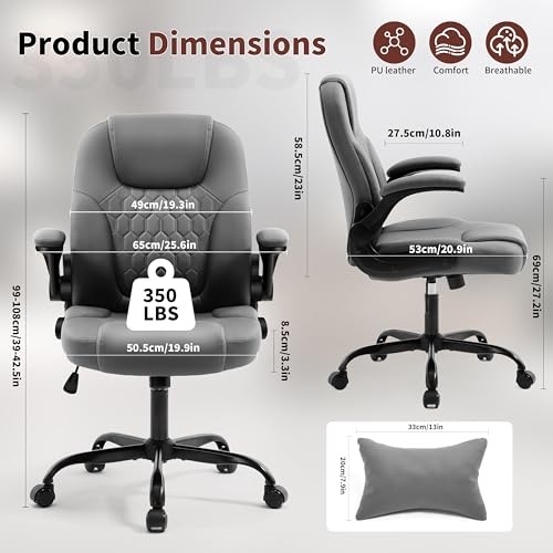 PU Leather Office Chair Swivel Lumbar Support for Short People Grey | Executive Office Chair PU,Leather Office Chair with Wheels,360° Swivel Rolling Chair with Padded Arm,Ergonomic Computer Chair - color: Grey