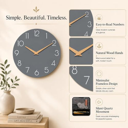 cicininc 12 Inch Battery Operated Wall Clock, Silent Analog, Gray | Kitchen | Office | Bedroom | Modern Style | Easy-to-read Numbers - color: A_gray, size: 12"