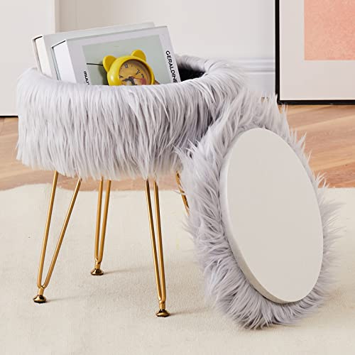 Faux Fur Storage Ottoman Round Furry Vanity Stool Marble Grain Tray Coffee Table Compact Footrest Stool with 4 Metal Legs Soft Makeup Seat Foot Stools for Living Room Bedroom Entryway Grey - color: Grey