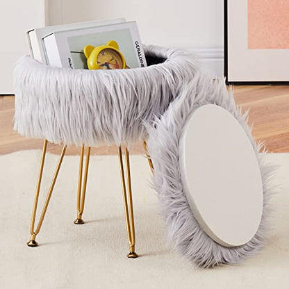 Faux Fur Storage Ottoman Round Furry Vanity Stool Marble Grain Tray Coffee Table Compact Footrest Stool with 4 Metal Legs Soft Makeup Seat Foot Stools for Living Room Bedroom Entryway Grey - color: Grey