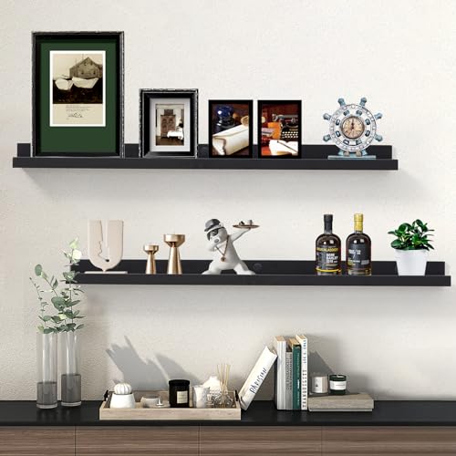 AZSKY Picture Ledge Shelf, Floating Shelves Set of 2, 48 Inches Picture Shelves for Wall with Ledge, Long Shelf Wall Mounted for Living Room Bedroom Decor Books Photo Frames - Black - color: Black, size: 48in set 2
