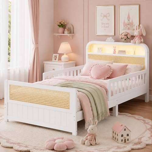 Twin Bed with Rails, Wood Twin Bed Frame with LED Lights and Storage Headboard, Twin Platform Bed Frame with Headboard, Wooden Twin Bed Frame for Kids with Side Rails, No Box Spring Needed, White - color: White & Rattan, size: Twin
