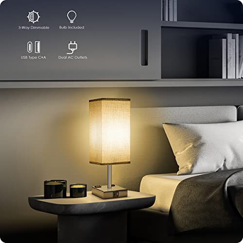 Bedside Lamp with USB Ports - Touch Control Table Lamp for Bedroom with USB C+A Charging Ports & AC Outlets, 3 Way Dimmable Nightstand Light for Living Room (LED Bulb Included, Chrome - Grey) - color: Chrome - Grey